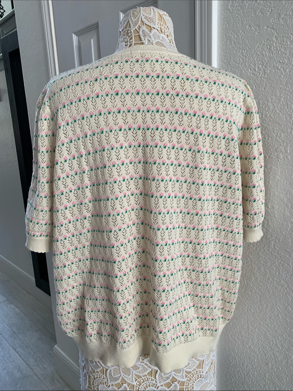 Boden Dot Pointelle Cardigan XL Cream Pink Green Cotton Puff Sleeve Sweater - Picture 9 of 15